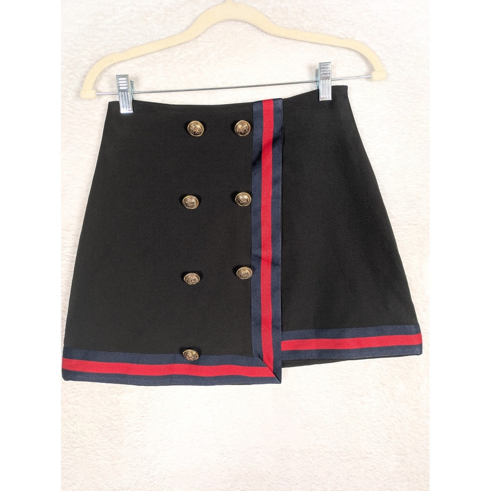 Shein Mini Skirt Women's XS Black Gold Crest Button Webbing Trim A-Line Preppy